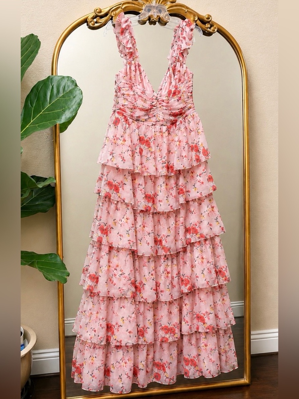Ieena Mac Duggal Floral Ruffled Sleeveless Draped Maxi Dress Size 16 - Picture 9 of 12